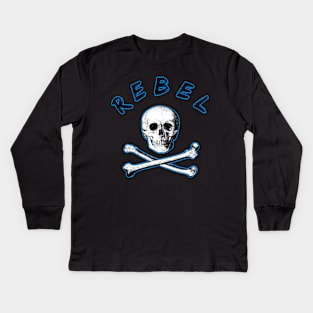 Rebel Pirate Skull and Cross Bones in Blue Kids Long Sleeve T-Shirt